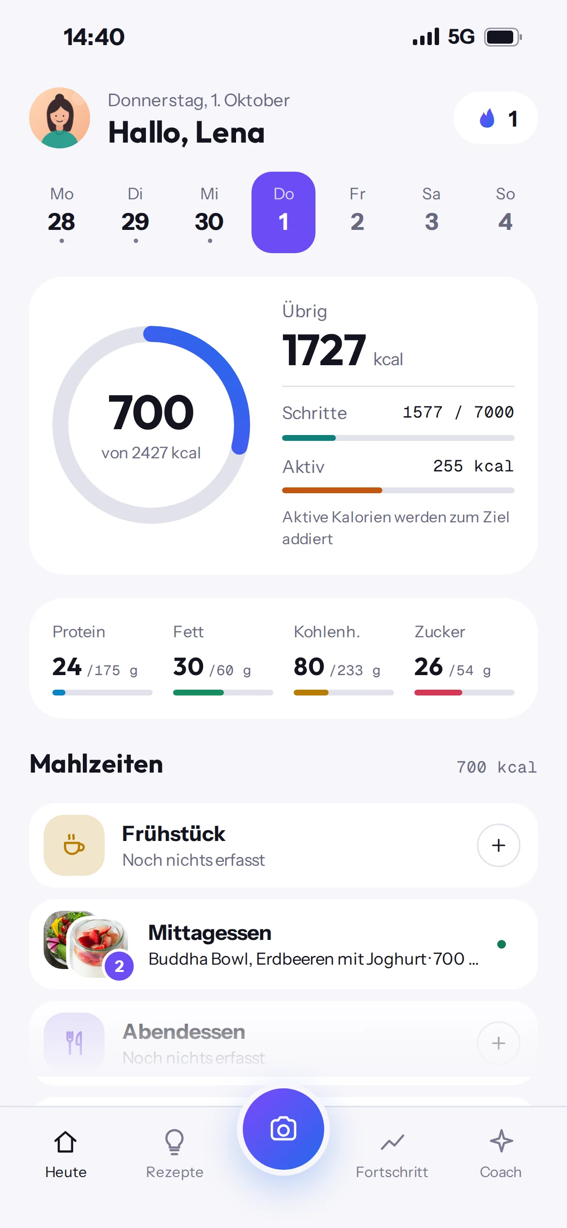 FoodScope Tagesübersicht mit Protein, Kohlenhydraten und Fett